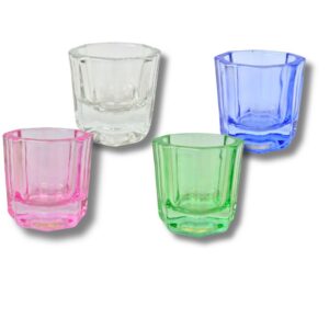 Dappenglas Anmischglas in 4 verschiedenen Farben, transparent, blau, rosa und grün